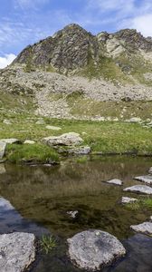 Preview wallpaper landscape, mountains, relief, lake, water, stones