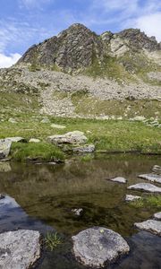 Preview wallpaper landscape, mountains, relief, lake, water, stones