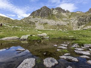 Preview wallpaper landscape, mountains, relief, lake, water, stones