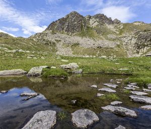 Preview wallpaper landscape, mountains, relief, lake, water, stones