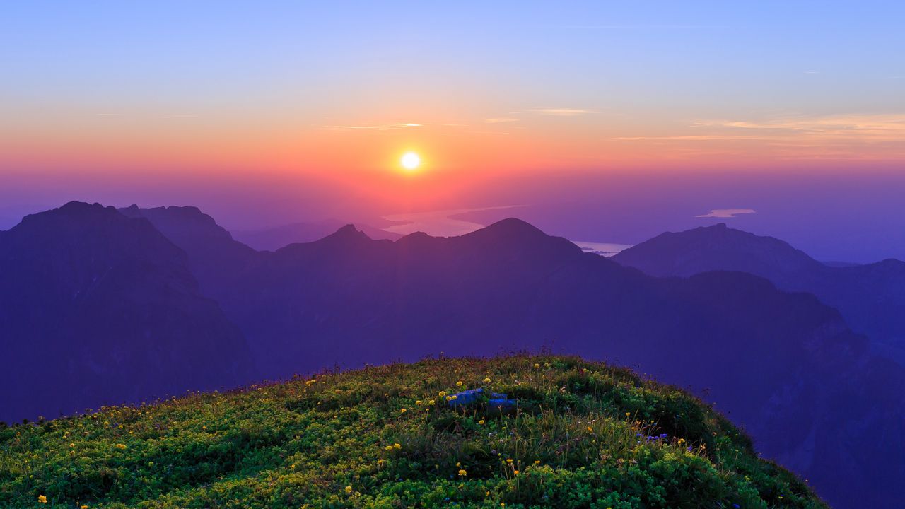 Wallpaper landscape, mountains, rocks, river, sunrise, nature