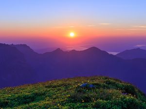 Preview wallpaper landscape, mountains, rocks, river, sunrise, nature