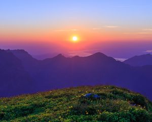 Preview wallpaper landscape, mountains, rocks, river, sunrise, nature