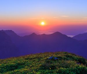 Preview wallpaper landscape, mountains, rocks, river, sunrise, nature