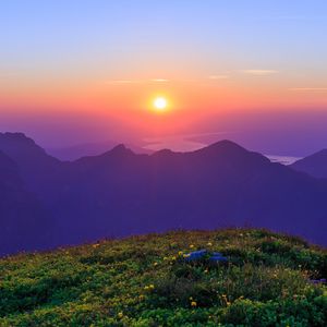 Preview wallpaper landscape, mountains, rocks, river, sunrise, nature