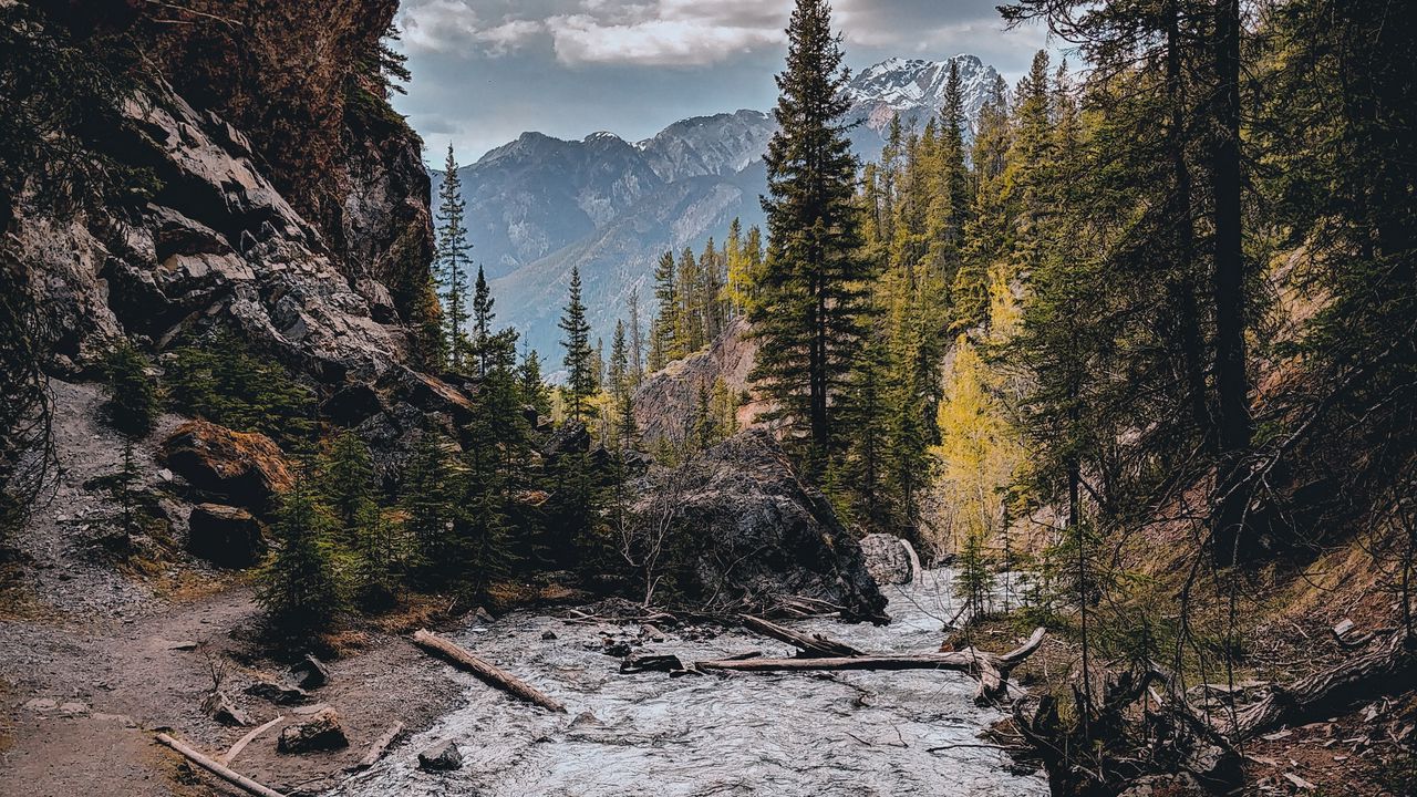 Wallpaper landscape, mountains, rocks, river, stream