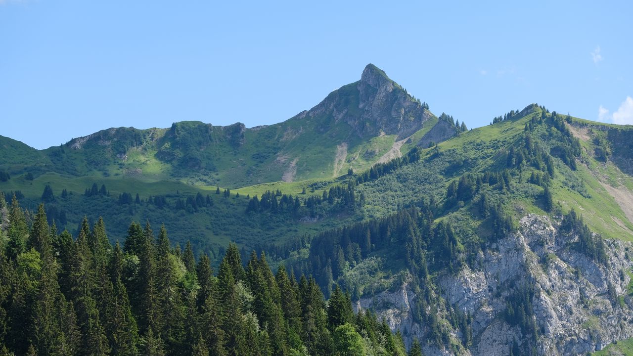 Wallpaper landscape, mountains, rocks, trees, sky