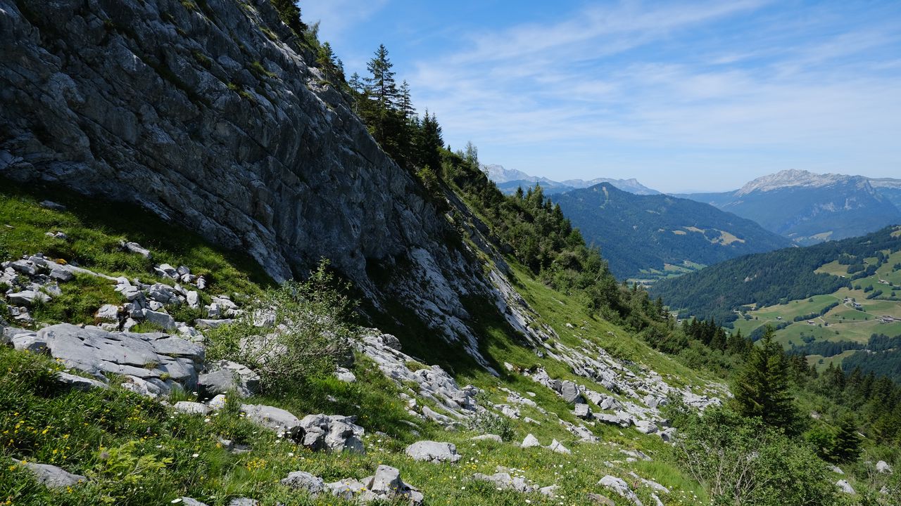 Wallpaper landscape, mountains, slope, grass, stones