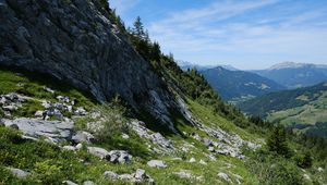 Preview wallpaper landscape, mountains, slope, grass, stones