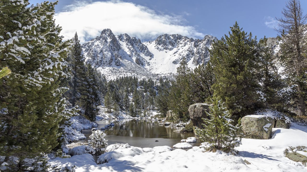 Wallpaper landscape, mountains, snow, winter, trees, pond