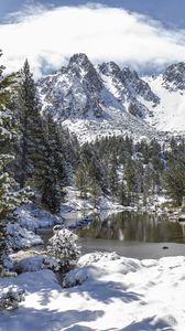 Preview wallpaper landscape, mountains, snow, winter, trees, pond