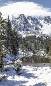 Preview wallpaper landscape, mountains, snow, winter, trees, pond