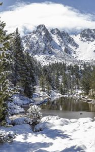 Preview wallpaper landscape, mountains, snow, winter, trees, pond