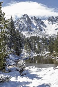 Preview wallpaper landscape, mountains, snow, winter, trees, pond