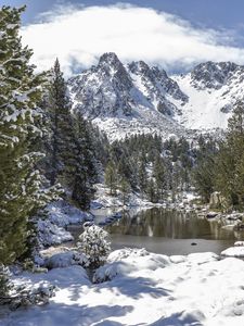 Preview wallpaper landscape, mountains, snow, winter, trees, pond