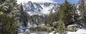 Preview wallpaper landscape, mountains, snow, winter, trees, pond