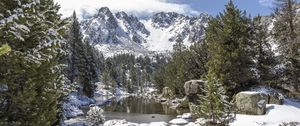 Preview wallpaper landscape, mountains, snow, winter, trees, pond