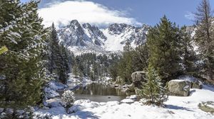 Preview wallpaper landscape, mountains, snow, winter, trees, pond