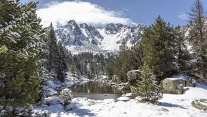 Preview wallpaper landscape, mountains, snow, winter, trees, pond