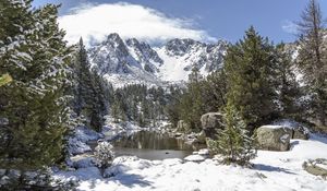 Preview wallpaper landscape, mountains, snow, winter, trees, pond