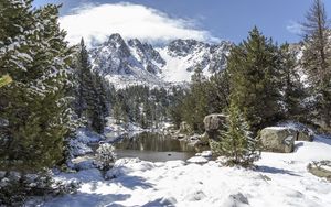 Preview wallpaper landscape, mountains, snow, winter, trees, pond