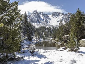 Preview wallpaper landscape, mountains, snow, winter, trees, pond