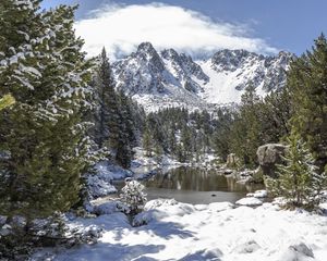 Preview wallpaper landscape, mountains, snow, winter, trees, pond