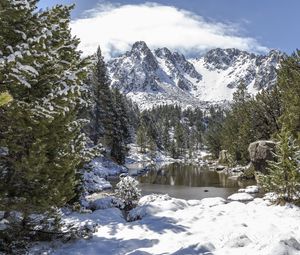 Preview wallpaper landscape, mountains, snow, winter, trees, pond