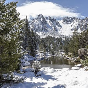 Preview wallpaper landscape, mountains, snow, winter, trees, pond