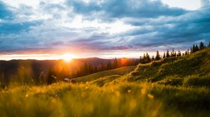 Preview wallpaper landscape, mountains, sun, meadow, trees, sunrise, sunlight