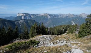 Preview wallpaper landscape, mountains, trees, nature, peaks