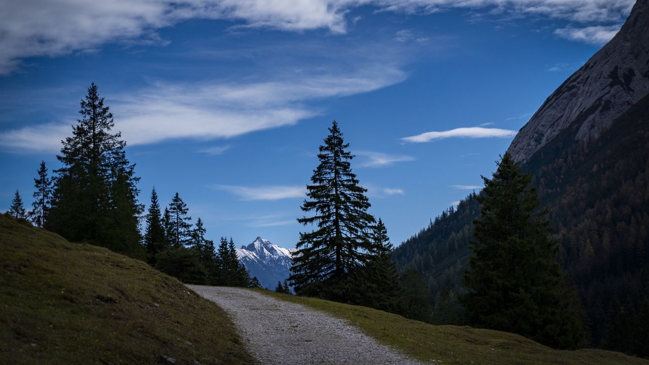 Wallpaper landscape, mountains, trees, path