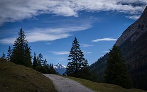 Preview wallpaper landscape, mountains, trees, path