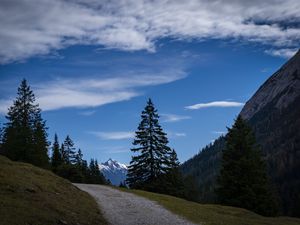 Preview wallpaper landscape, mountains, trees, path