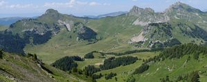 Preview wallpaper landscape, mountains, valley, trees, grass, nature