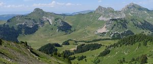 Preview wallpaper landscape, mountains, valley, trees, grass, nature