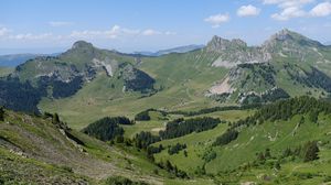 Preview wallpaper landscape, mountains, valley, trees, grass, nature