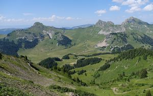 Preview wallpaper landscape, mountains, valley, trees, grass, nature