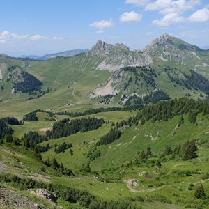 Preview wallpaper landscape, mountains, valley, trees, grass, nature