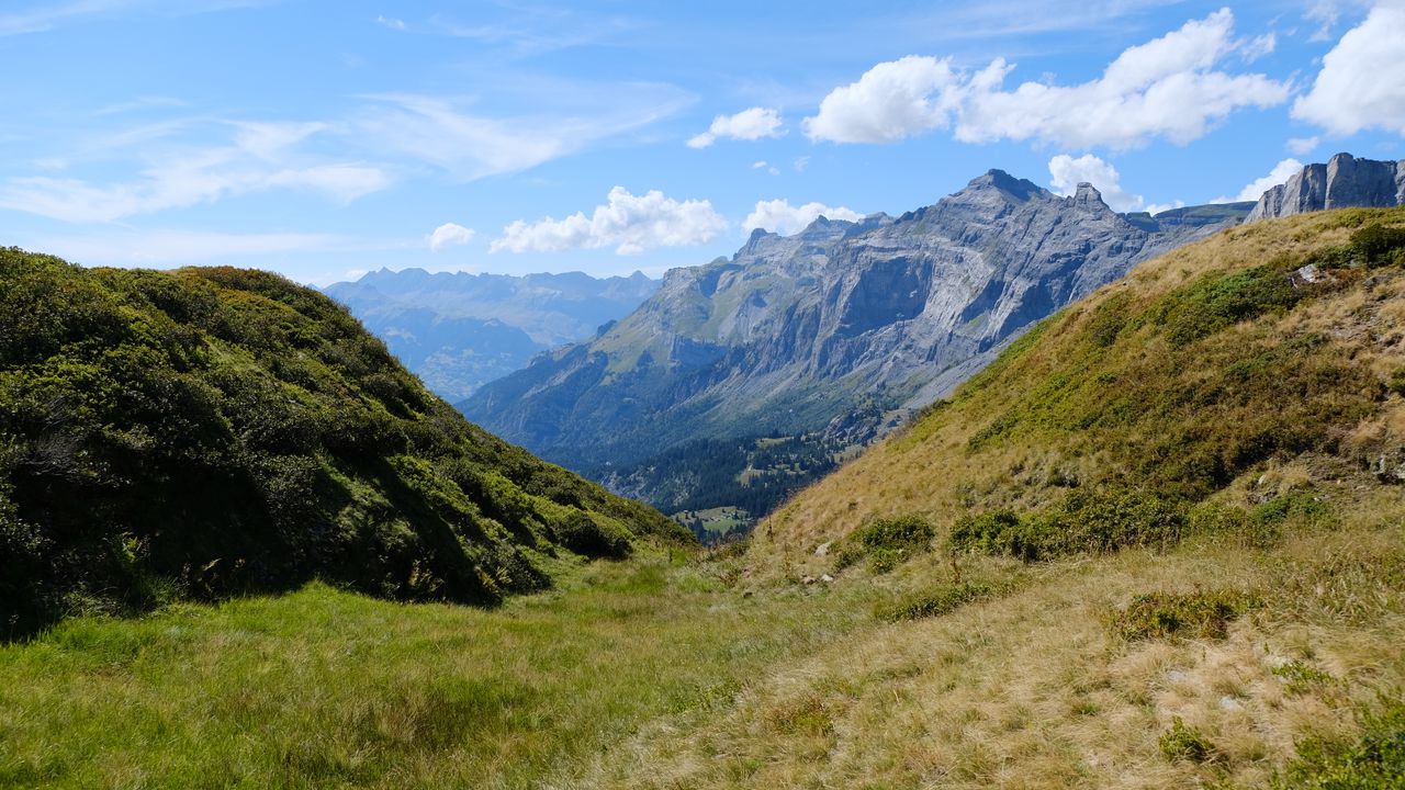 Wallpaper landscape, mountains, valley, grass, nature