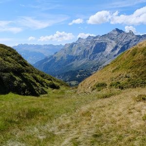 Preview wallpaper landscape, mountains, valley, grass, nature