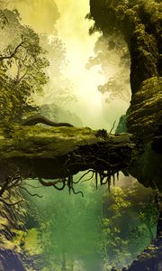 Preview wallpaper landscape, painting, realism, rock, trees, fog, stones, roots