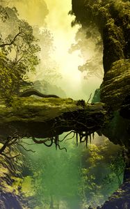 Preview wallpaper landscape, painting, realism, rock, trees, fog, stones, roots