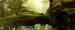 Preview wallpaper landscape, painting, realism, rock, trees, fog, stones, roots