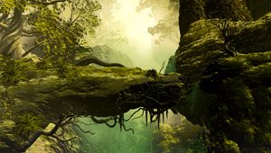 Preview wallpaper landscape, painting, realism, rock, trees, fog, stones, roots