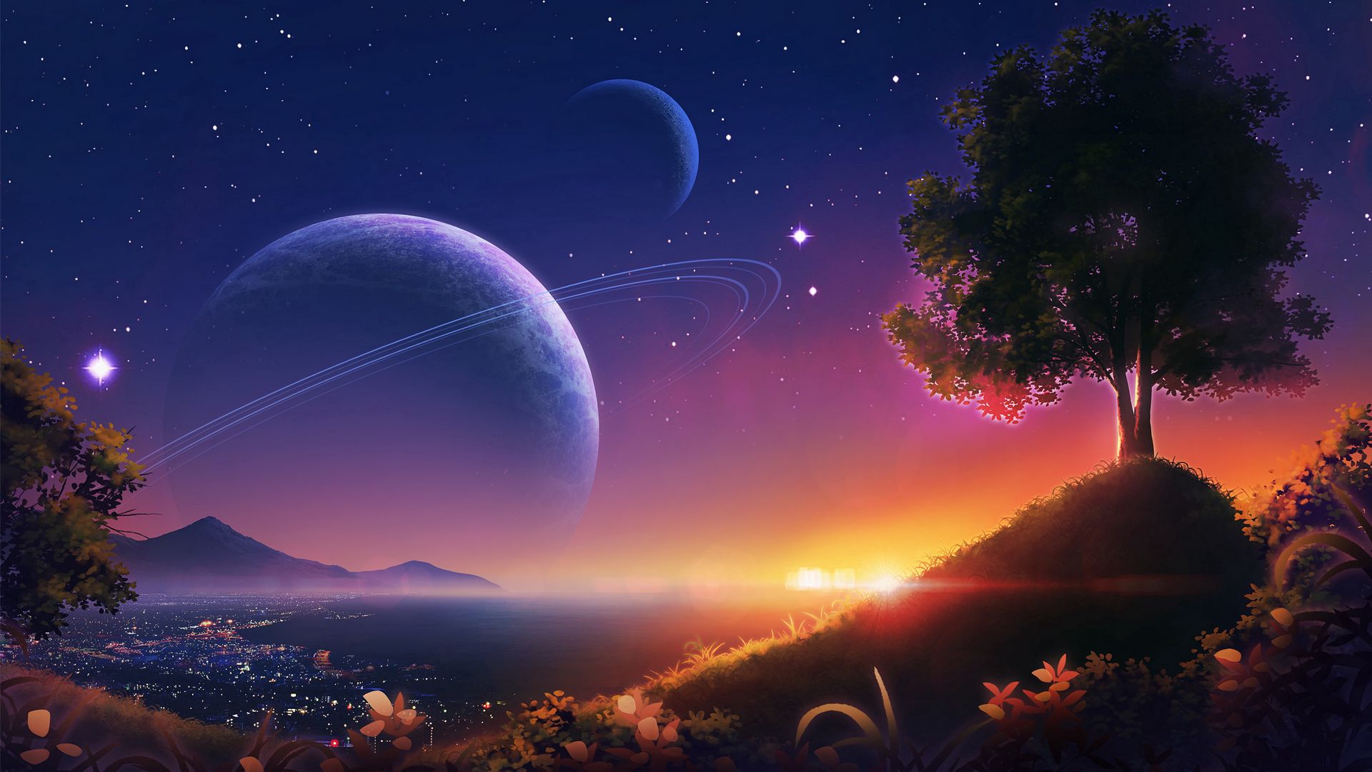 Download wallpaper 1920x1080 landscape, planets, stars, space, art full hd,  hdtv, fhd, 1080p hd background