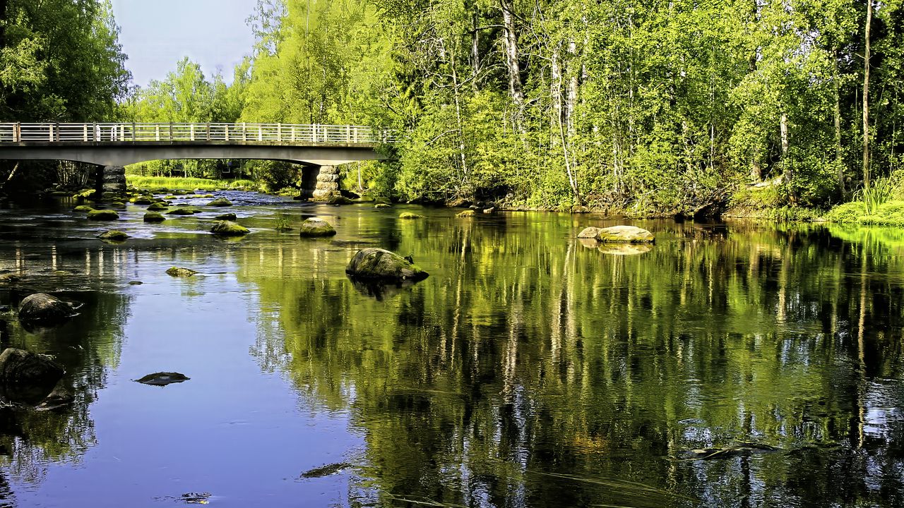 Wallpaper landscape, river, bridge, stones, trees, reflection, nature