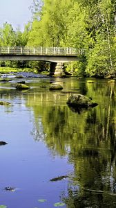 Preview wallpaper landscape, river, bridge, stones, trees, reflection, nature