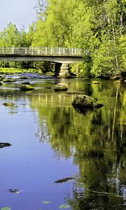 Preview wallpaper landscape, river, bridge, stones, trees, reflection, nature