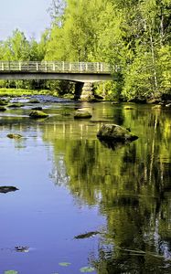 Preview wallpaper landscape, river, bridge, stones, trees, reflection, nature